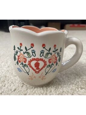 Bridgerton Floral Lady Mug Ceramic Coffee Cup Cameo Heart Scalloped Trim NEW!